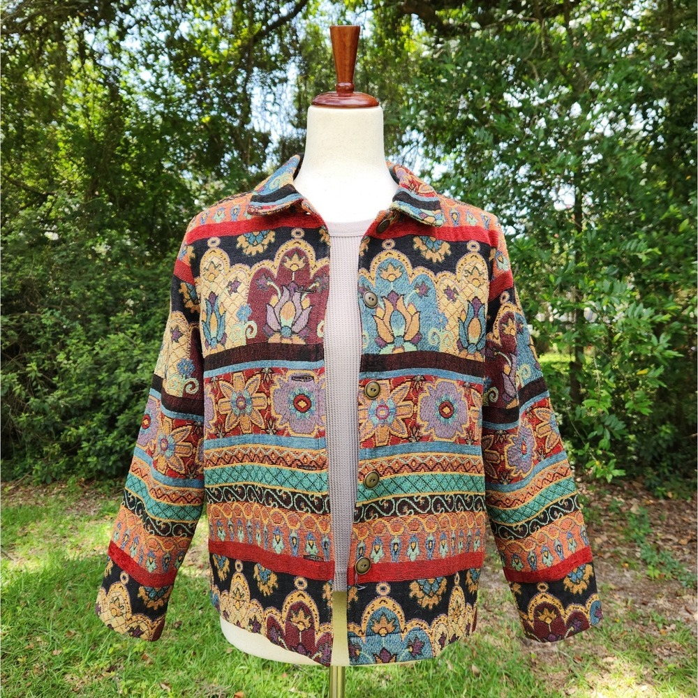 VTG 90s Tapestry Jacket, Carpet Coat Size Petite M Southwestern Fall Colorful